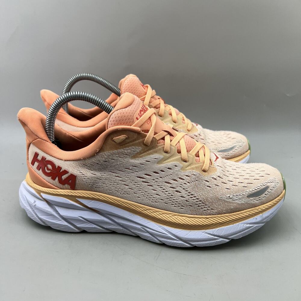 Hoka One One Clifton 8 Running Shoes Women Size 9‎ B Orange Comfort Low Sneakers